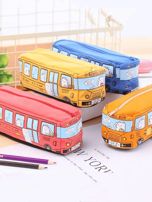 1pc Large Capacity Creative Bus Shaped Pencil Case Stationery Bag, Canvas Cute Cartoon School Bus Pen Holder, Suitable For School Students' Lightweight Learning Supplies, Desk Desktop Storage Tool
