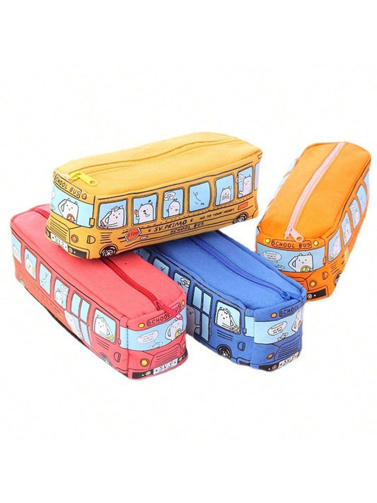 1pc Creative Cartoon Style Large Capacity Bus Shaped Pencil Case For Students, Korean Style