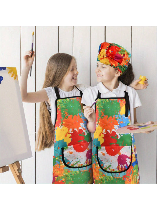 1pc Adjustable Painting Apron And Hat Set, Durable Cooking Apron For Boys And Girls, With Pockets, For Kitchen, Painting And Baking Crafts