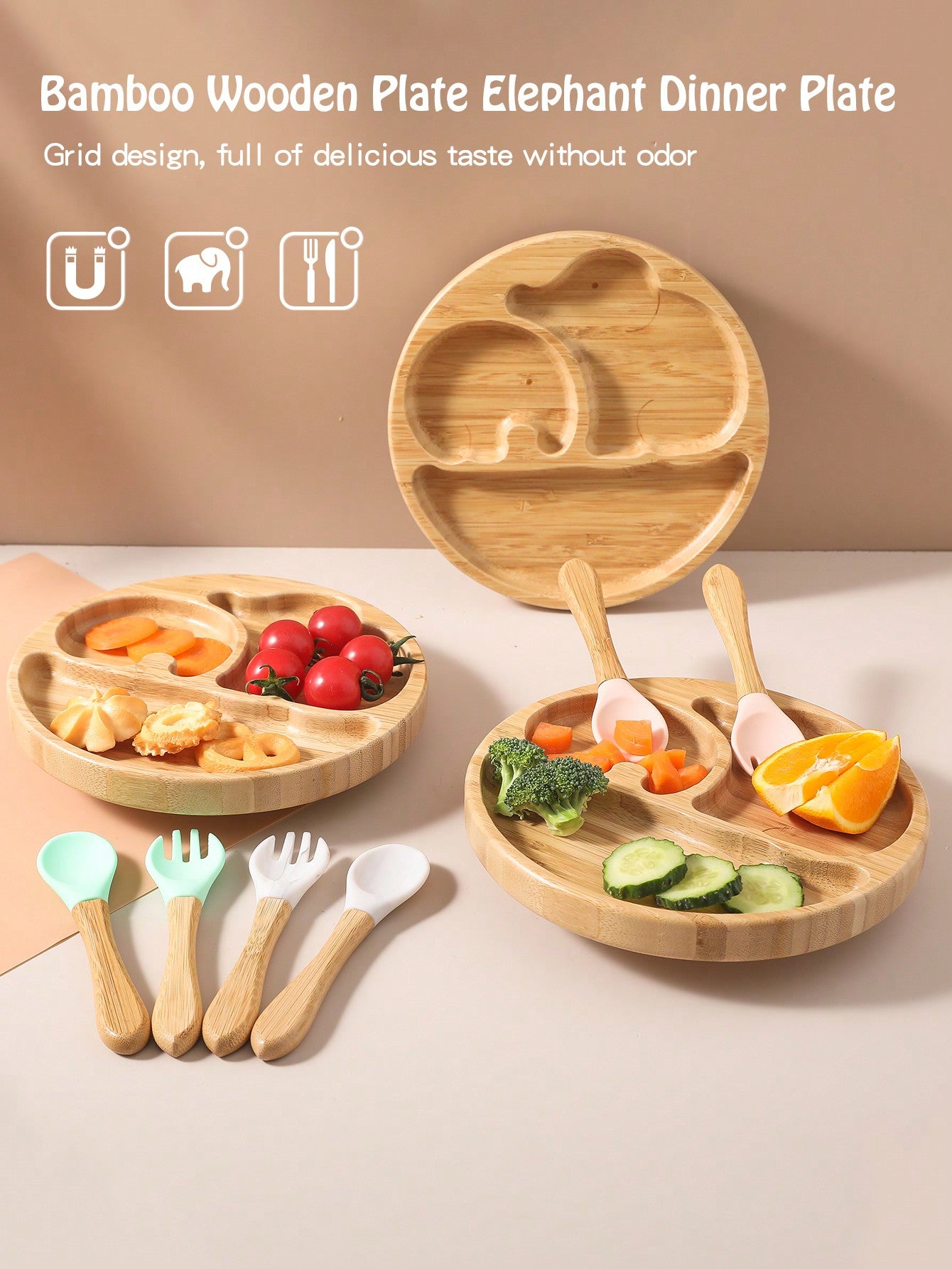 3pcs Elephant Shaped Bamboo Dinnerware Set With Fork And Spoon