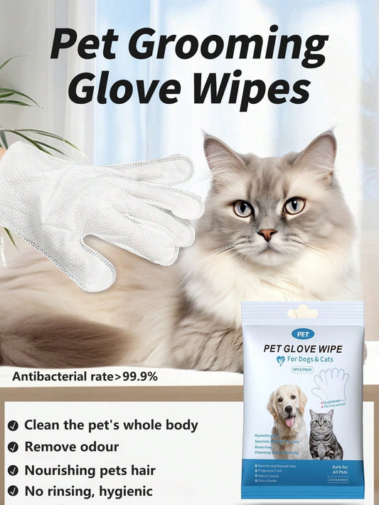 6pcs Ultra Thick Pet Glove Wipes For Dogs And Cats Cleaning & Deodorizing For Fur Paws Face Ears Mouth Butt And Whole Body, Effectively Bacteriostatic To Keep Healthy, Wash-Free Dogs&Cats Grooming Gloves, No Rinse Gentle Care On Pets' Sensitive Skin, Nou