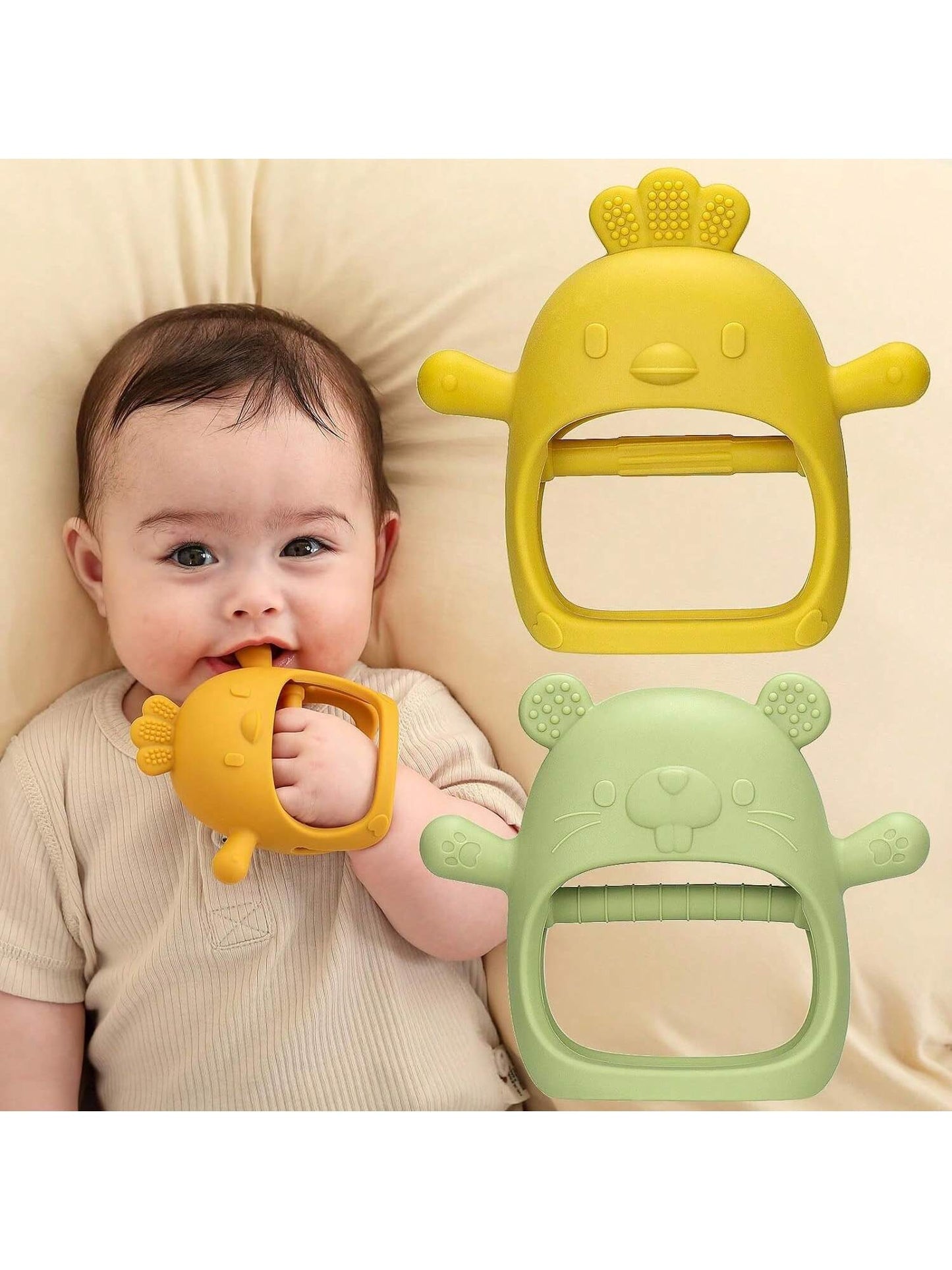 2pcs Teething Toys Set, One Chicken Shaped Teether, One Groundhog Shaped Teether, Baby Hand Grasping Glove Teether Toy