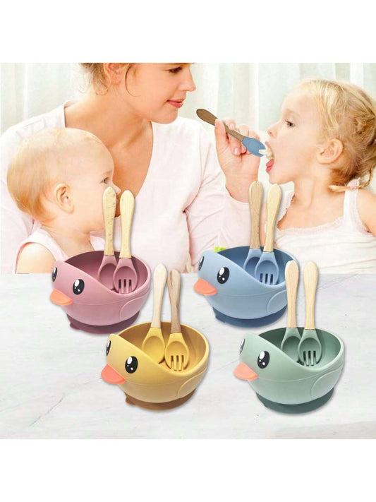 1 Duck-Shaped Bowl   1 Pair Of Cartoon Duck Spoon & Fork Silicone Suction Bowl Toddler Feeding Set Anti-Fall Bowl Feeding Utensils Set For Infant Supplementary Food