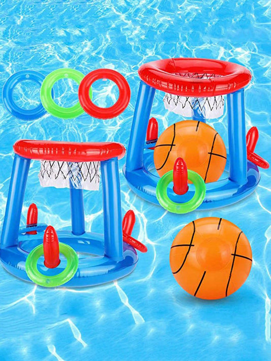 1pc Inflatable PVC Basketball Stand, Size: 22.4inches(Length) X 20.5inches(Height) Comes With Three Inflatable Rings And One Ball, Suitable For Summer Water Tossing Game. Pool Toys