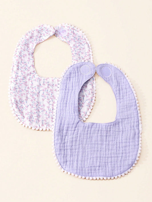 2pcs Baby Muslin Purple Printed Bibs With Polka Dot And Floral Pattern
