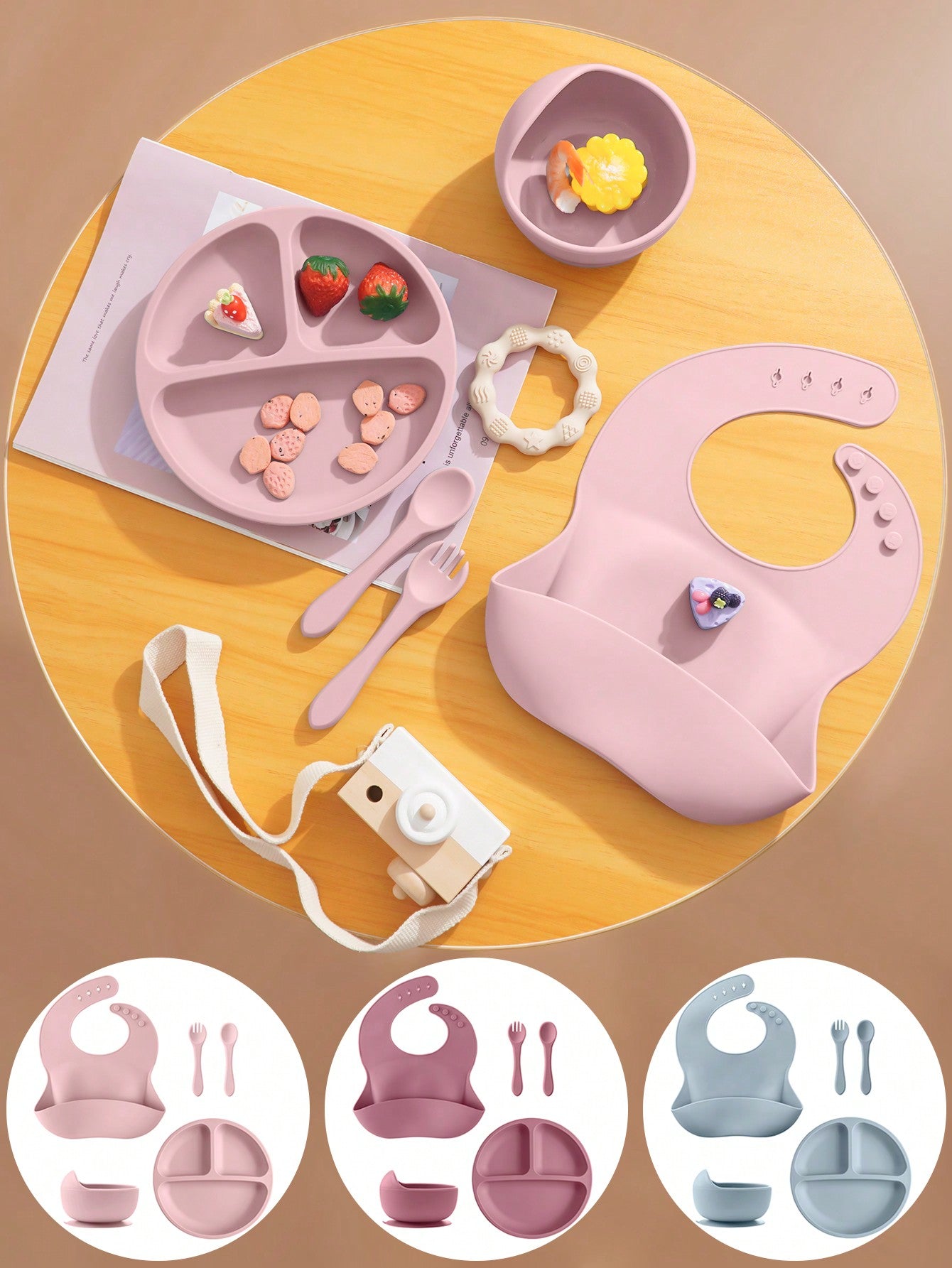 PopLittleOne 5PCS Baby Silicone Tableware Sets Adjustable Bib Suction Plate Bowl Soft Spoon Fork Non-Slip Food Storage Feeding Training Dinner Set