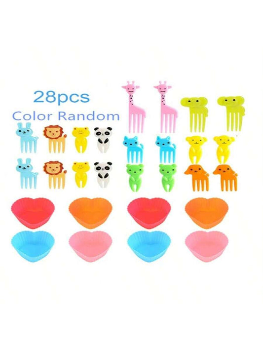 28pcs Cute Mini Animal Cartoon Food Selection Kids Snack Cake Dessert Food Fruit Fork Love Silicone Muffin Cup
