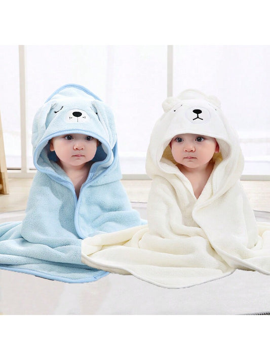 2pcs Neutral Baby Bath Towel Set Hooded Animal Face Design Soft And Cozy Newborn Cape Towel For All Seasons, Cartoon Coral Fleece Bathroom Accessories Bathing Wrap