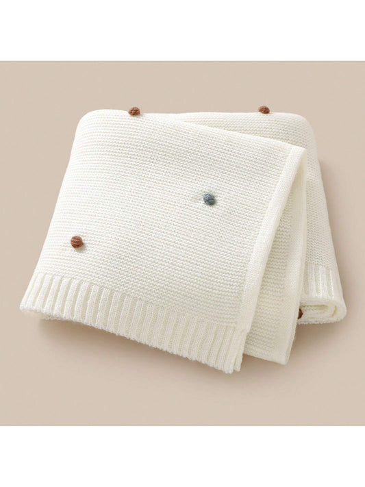 1pc Knitted Baby Swaddle Blanket With Pom Poms, 3D Design, All-Season, Air Conditioner Blanket