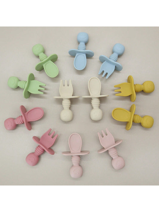 1pair Short-Handled Silicone Infant Spoon And Fork Set, With Smiling Face Design For Easy Grip