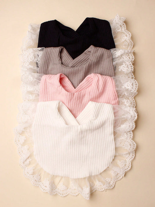 2pcs Soft And Stretchy Lace Ruffle Trim Baby Bib Set In Candy Colors, Suitable For Daily Use