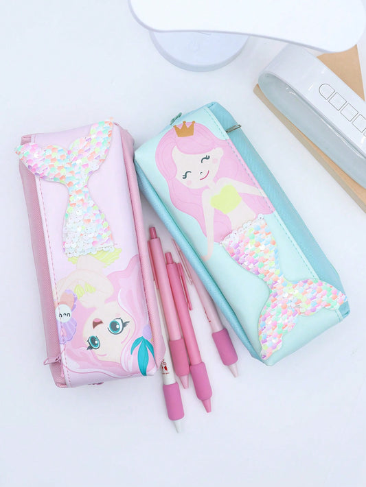 1pc Cartoon Mermaid Glitter Cloth High-Capacity Pencil Case Stationery Storage Bag Suitable For School Students