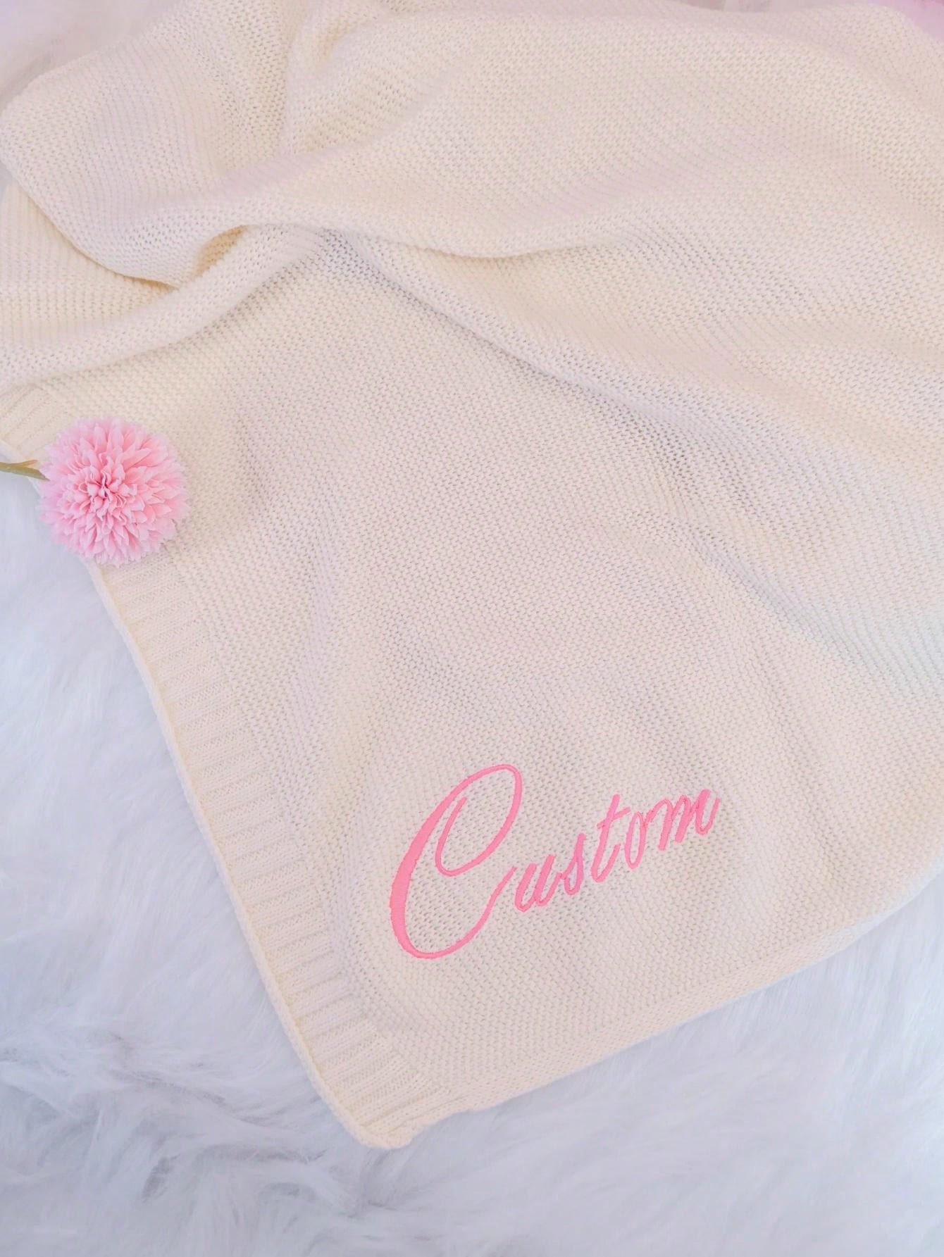 Customized Embroidered Name Knit Baby Blanket, 100cm X 80cm, Beige Baby Shower Family Decorations Gifts