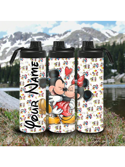 1pc 20oz Personalized Cartoon Outdoor Sports Water Bottle, Mickey & Minnie Couple Pattern Printed Double-Layered Stainless Steel Durable Leak-Proof Insulated Thermos Flask, Ideal For Outdoor Activities Such As Couple Cycling, Hiking, Fitness And Trekking