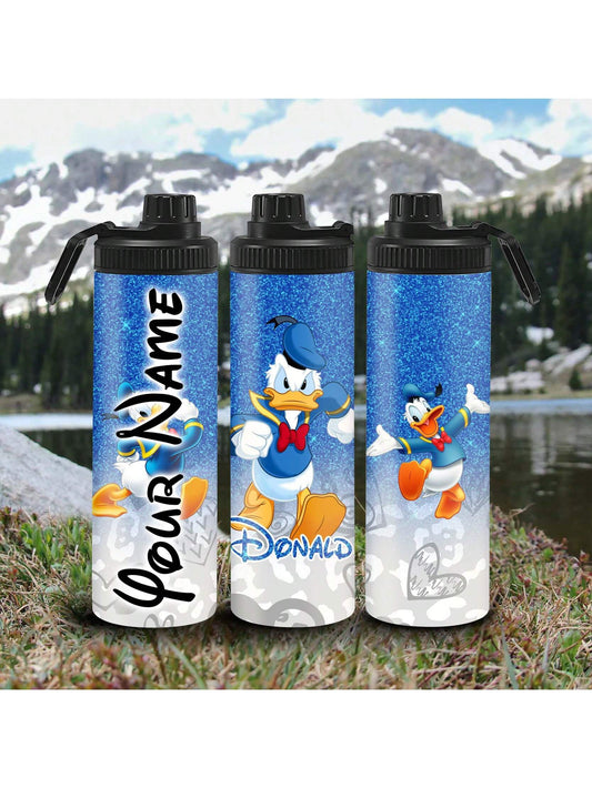 1pc 20oz Personalized Cartoon Outdoor Sports Water Bottle, Printed With Donald Duck Image, Double-Layer Stainless Steel, Durable, Leak-Proof, And Thermal Insulated. Perfect For Couples Who Enjoy Outdoor Activities Such As Cycling, Mountain Climbing, Fitn