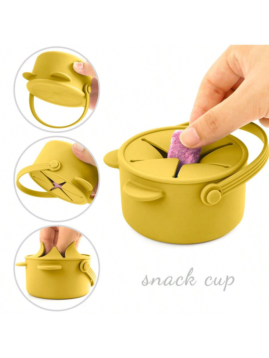 1pc Baby Silicone Snack Cup With Lid Solid Color Food Storage Box Container Bear Shape For Children