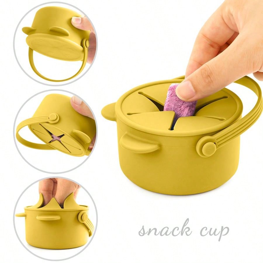 1pc Baby Silicone Snack Cup With Lid Solid Color Food Storage Box Container Bear Shape For Children