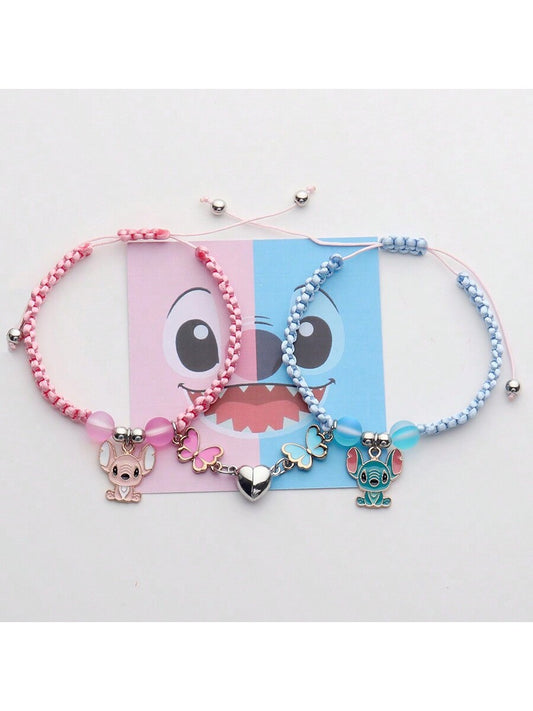 2pcs Cartoon Stitch Heart-Shaped Magnetic Couple Bracelet, Woven Bracelet Set For Men, Women, Students, Couples