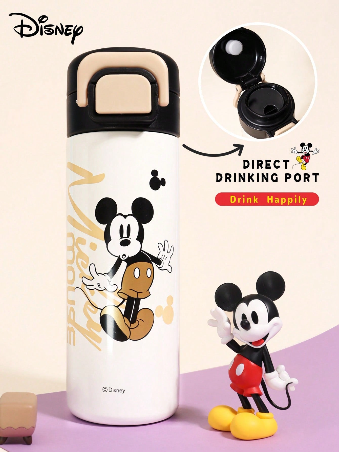Disney 1pc Disney Elsa, Mickey, Stitch, Strawberry Bear Series 450ML Stainless Steel Children's Fashionable Direct Drinking Water Cup, Keeps Cold & Hot, Suitable For Daily Use