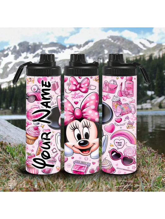 1pc 20oz Personalized Cartoon Character Outdoor Sports Water Bottle, Minnie Mouse Icon Cartoon Print Double Wall Stainless Steel Leak-Proof Insulated Hot/Cold Drink Tumbler, Perfect For Couples Cycling, Hiking, Fitness And Trekking Outdoor Activities