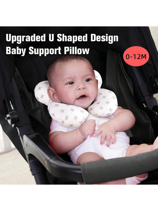 1pc Infant White   Logo Soft U-Shaped Neck Support Pillow For Car Seat & Baby Stroller, Fits 0-12 Months Newborns, Random Print & Logo Replacement