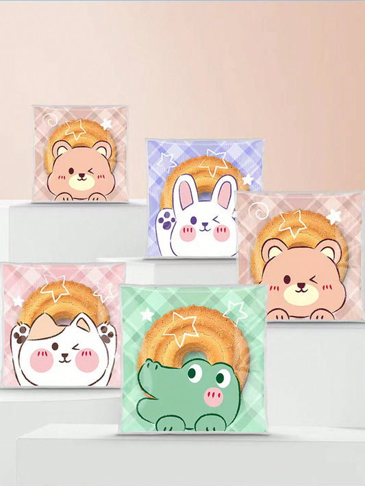 100pcs/Pack Cartoon Animal Cute Self Adhesive Cookie Bags, Snowflake Cake Packaging Pouches, Bakery Sealing Bags