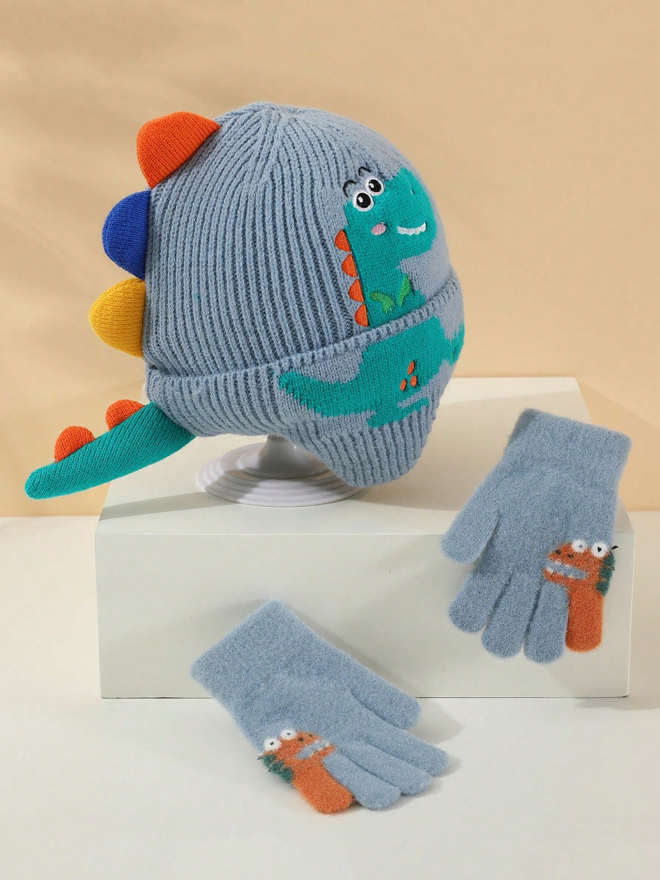 3-8 Years Old Kids Winter Knitted Hat & Gloves Set, Warm & Windproof For Baby Boys & Girls