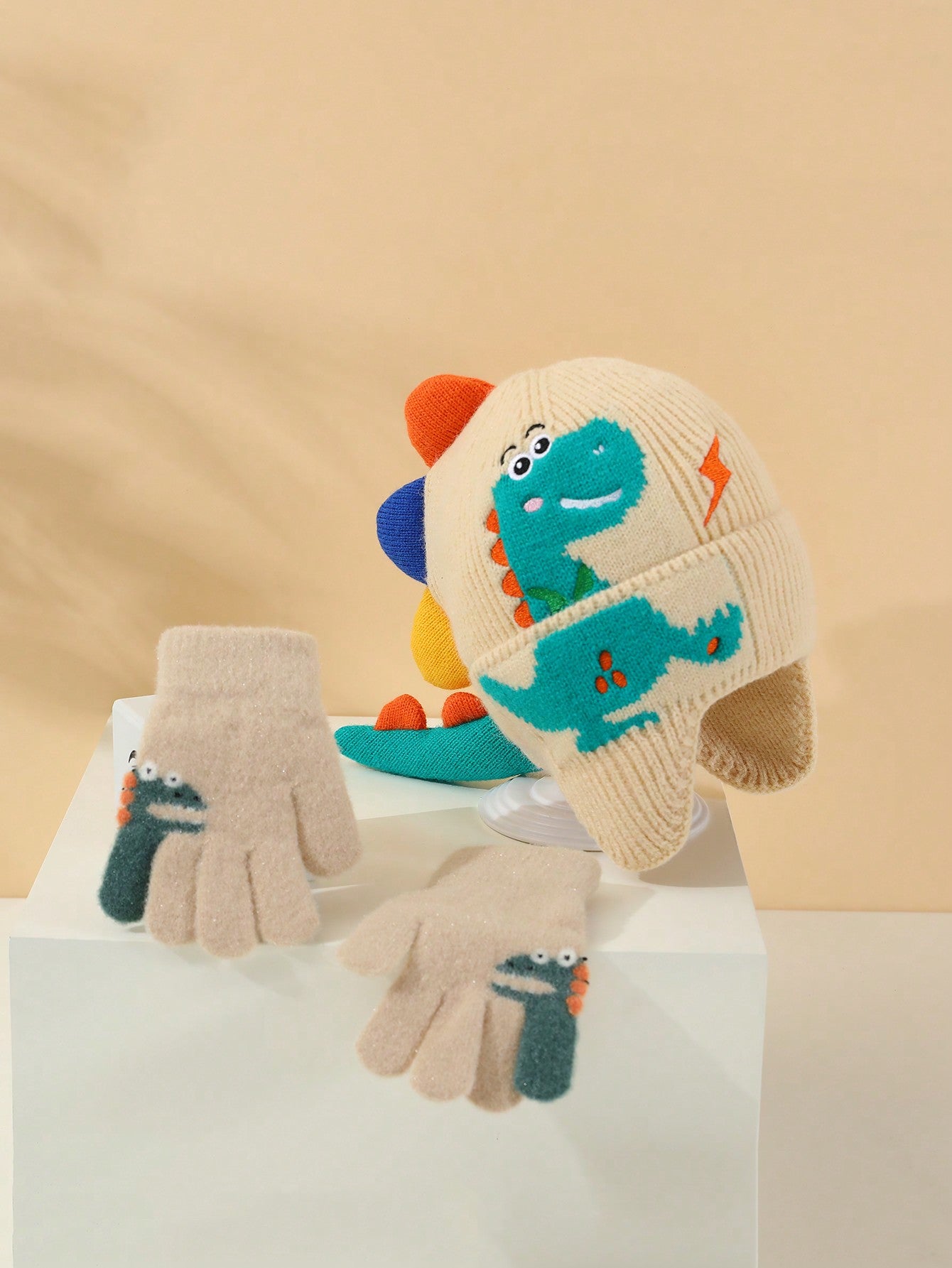 3-8 Years Old Kids Winter Knitted Hat & Gloves Set, Warm & Windproof For Baby Boys & Girls