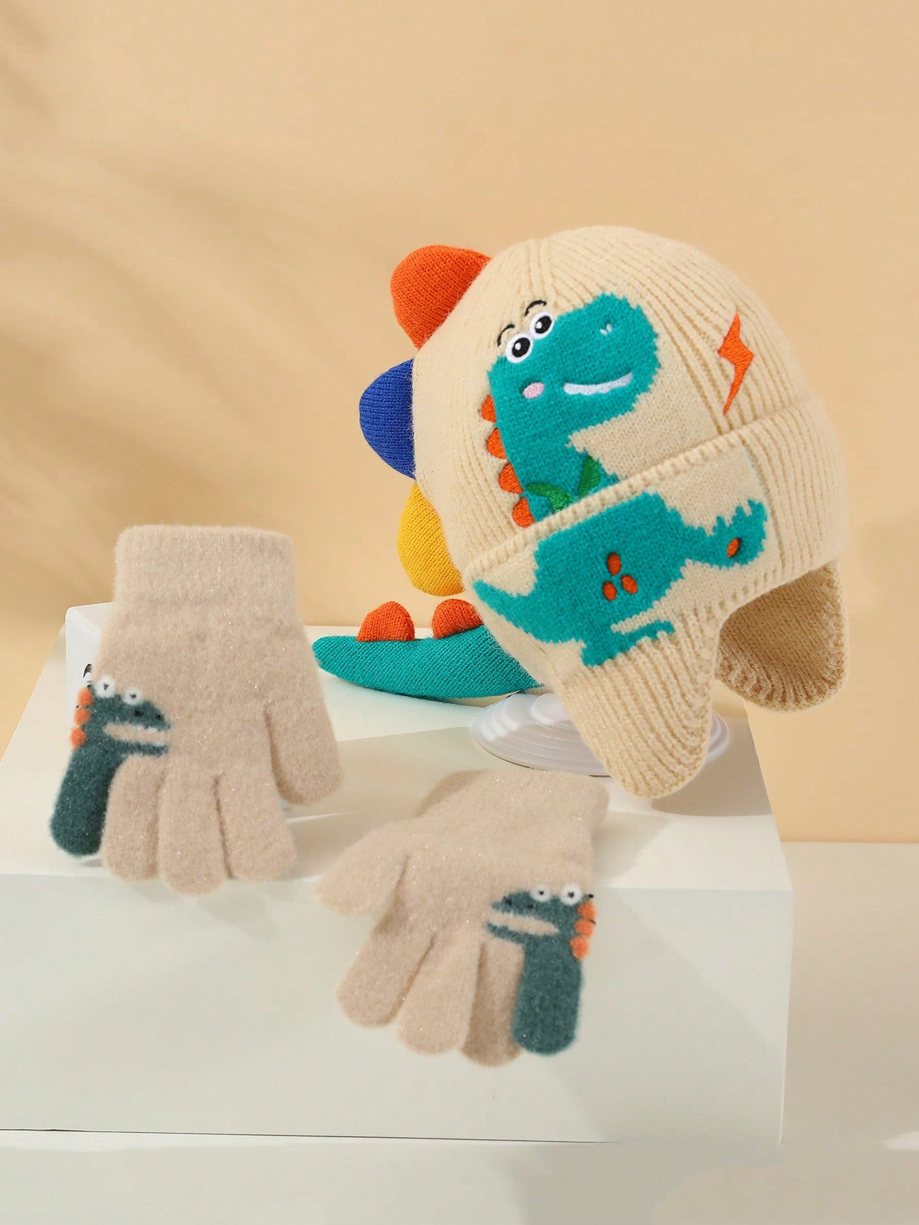 3-8 Years Old Kids Winter Knitted Hat & Gloves Set, Warm & Windproof For Baby Boys & Girls