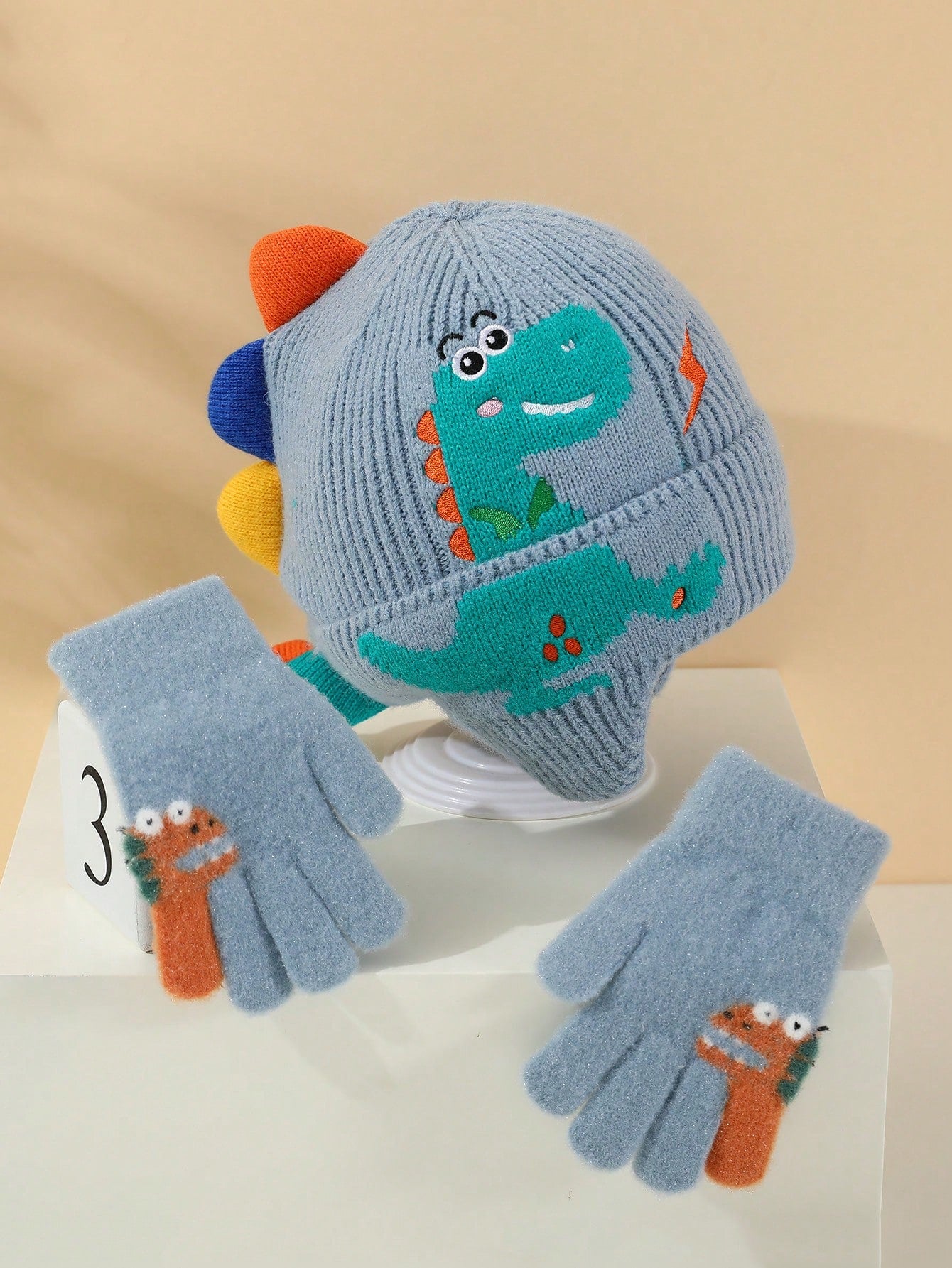 3-8 Years Old Kids Winter Knitted Hat & Gloves Set, Warm & Windproof For Baby Boys & Girls