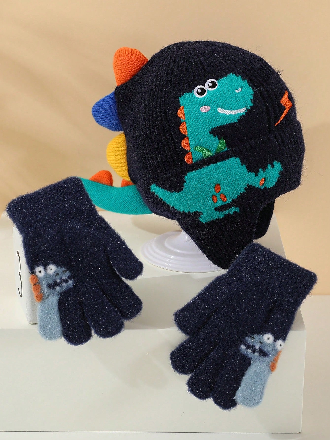 3-8 Years Old Kids Winter Knitted Hat & Gloves Set, Warm & Windproof For Baby Boys & Girls