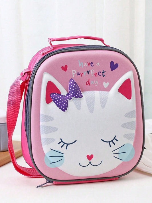 1pc Cat Pattern Lunch Bag, Cartoon Cute Fabric Reusable Lunch Box For Office Work School Picnic Beach