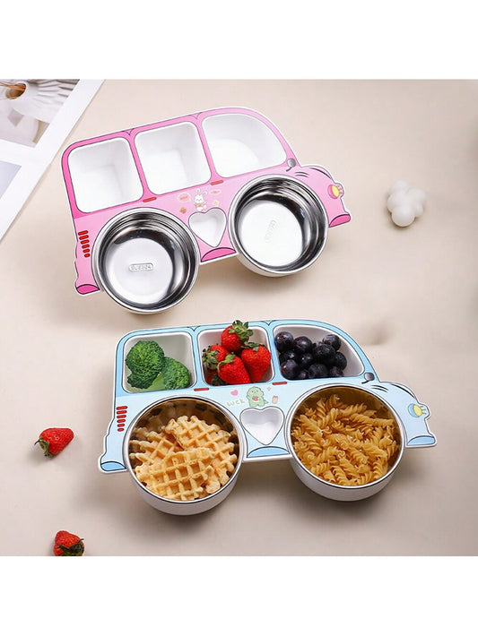 1pc Stainless Steel Cartoon Car Design Baby Feeding Divided Plate