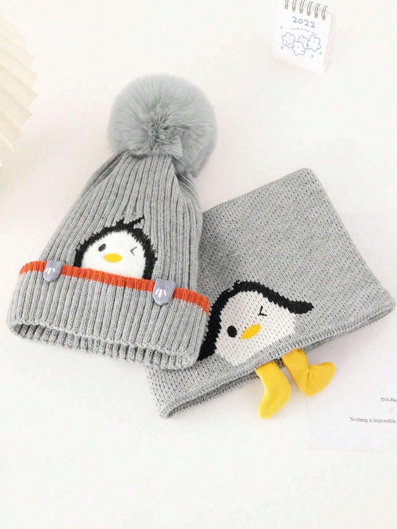 2pcs/Set Kids Knitted Hat & Scarf Set, Penguin Pom Pom Beanie Hat, Warm & Thick For Boys And Girls, Autumn/Winter