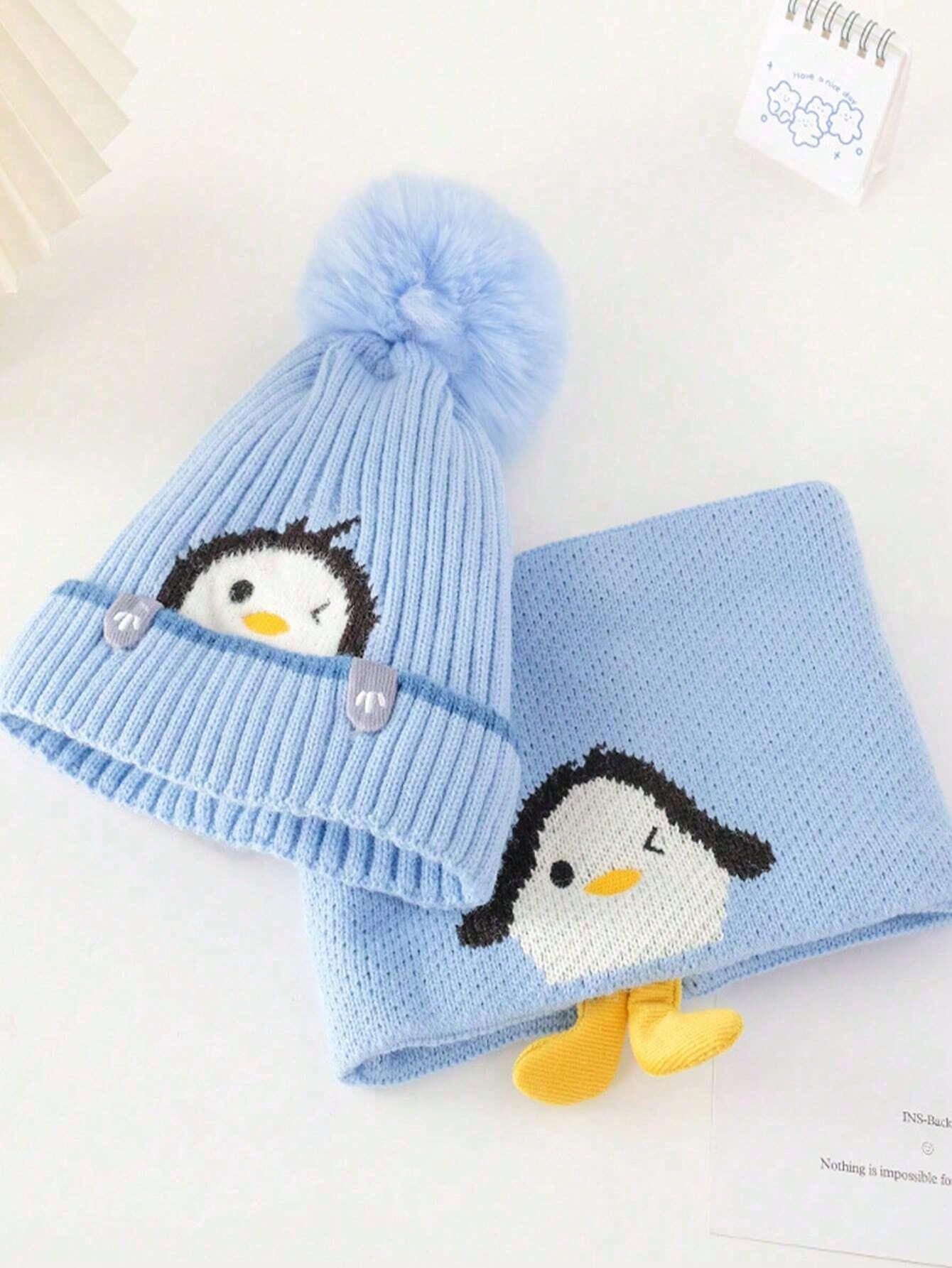 2pcs/Set Kids Knitted Hat & Scarf Set, Penguin Pom Pom Beanie Hat, Warm & Thick For Boys And Girls, Autumn/Winter