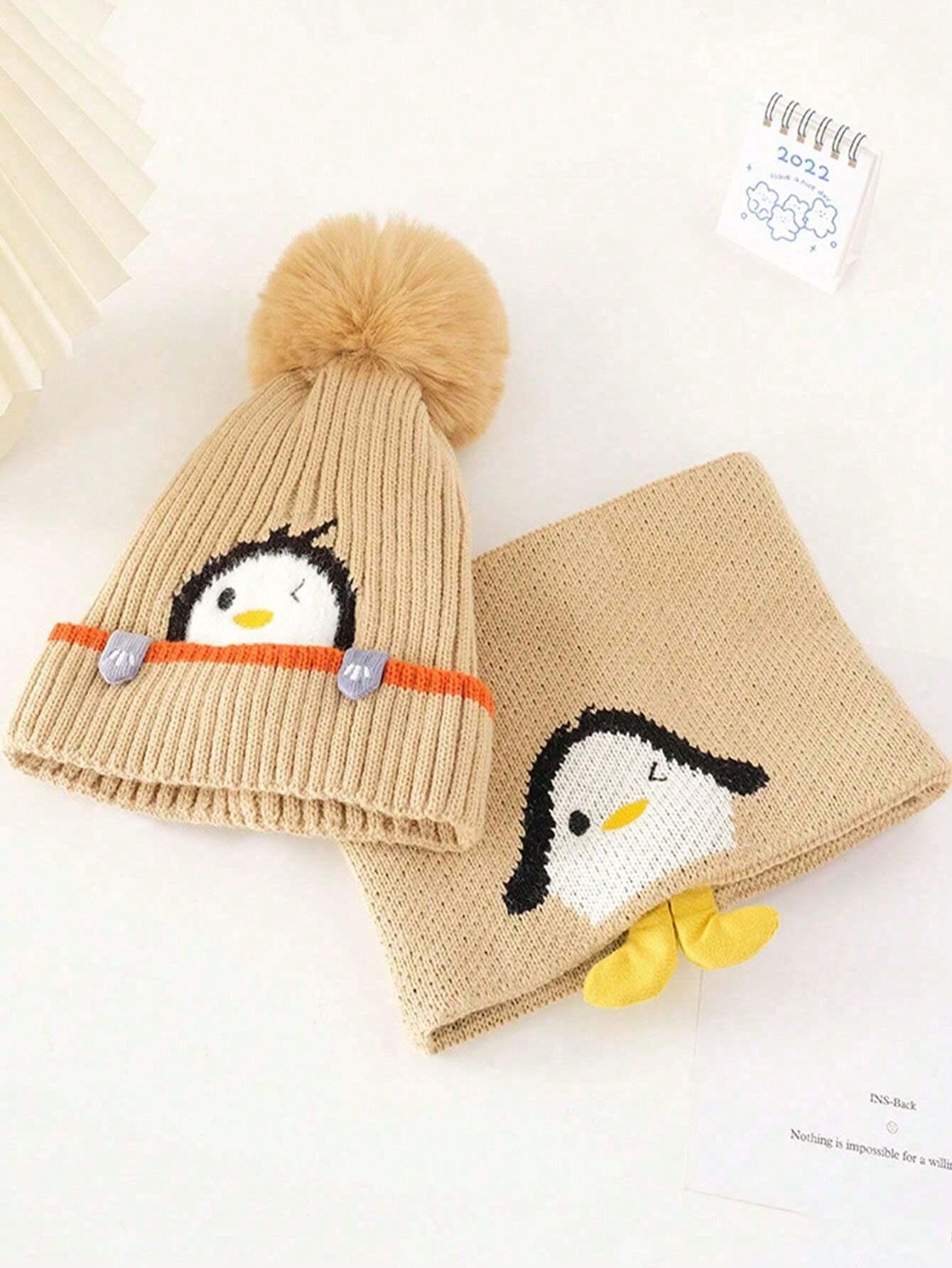 2pcs/Set Kids Knitted Hat & Scarf Set, Penguin Pom Pom Beanie Hat, Warm & Thick For Boys And Girls, Autumn/Winter