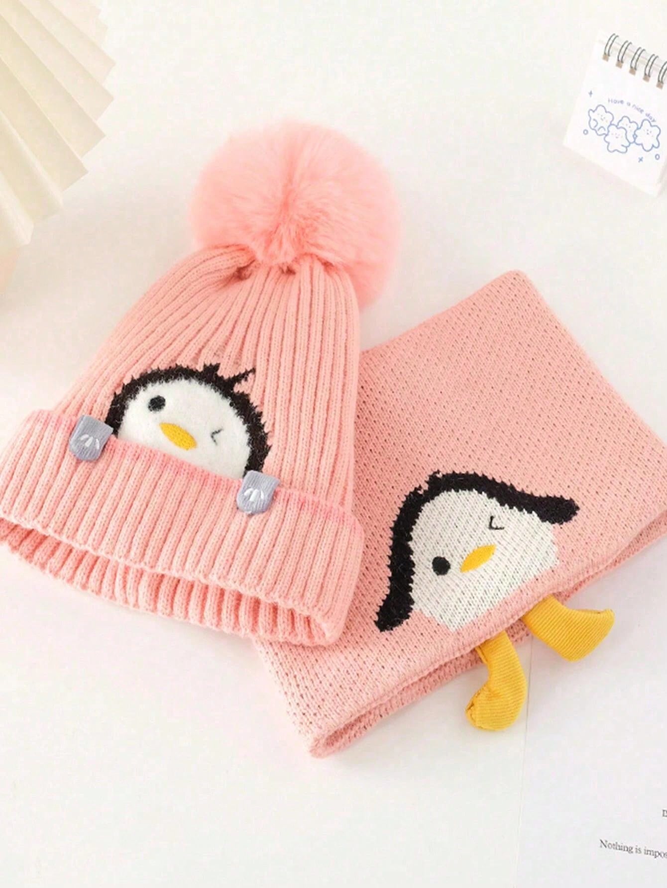 2pcs/Set Kids Knitted Hat & Scarf Set, Penguin Pom Pom Beanie Hat, Warm & Thick For Boys And Girls, Autumn/Winter