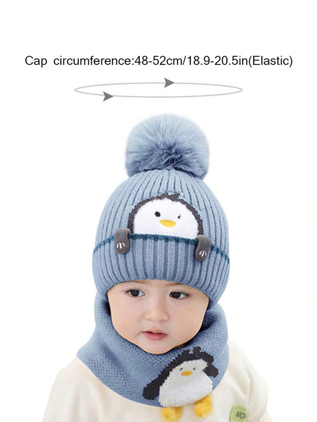 2pcs/Set Kids Knitted Hat & Scarf Set, Penguin Pom Pom Beanie Hat, Warm & Thick For Boys And Girls, Autumn/Winter