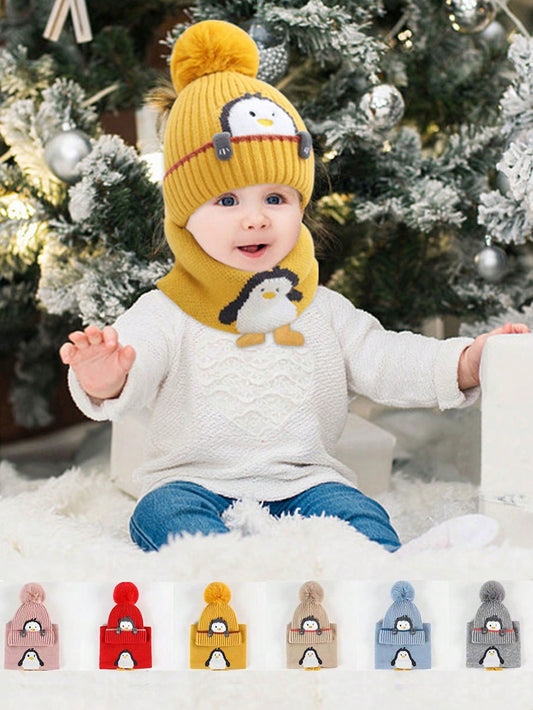 2pcs/Set Kids Knitted Hat & Scarf Set, Penguin Pom Pom Beanie Hat, Warm & Thick For Boys And Girls, Autumn/Winter