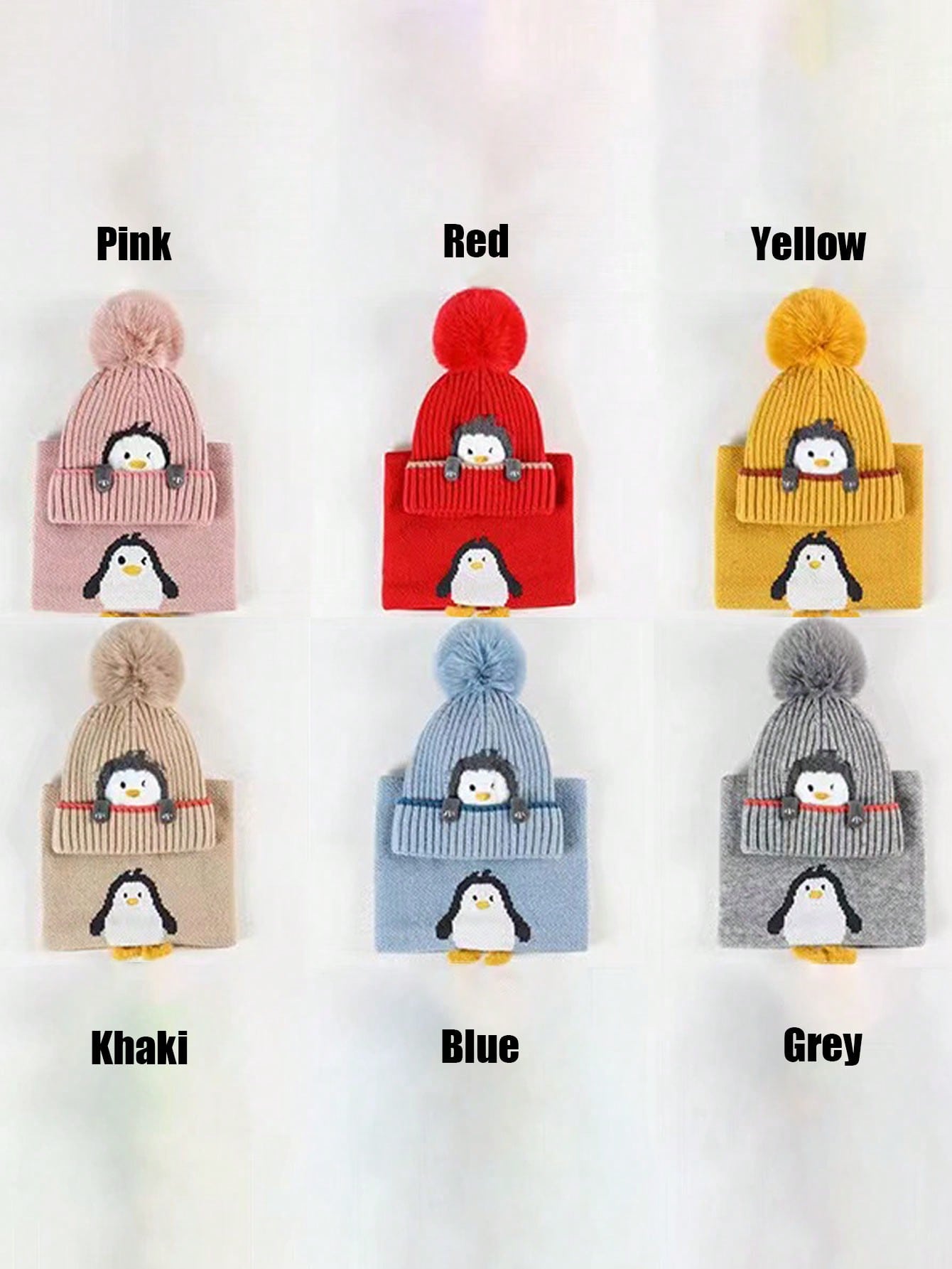 2pcs/Set Kids Knitted Hat & Scarf Set, Penguin Pom Pom Beanie Hat, Warm & Thick For Boys And Girls, Autumn/Winter