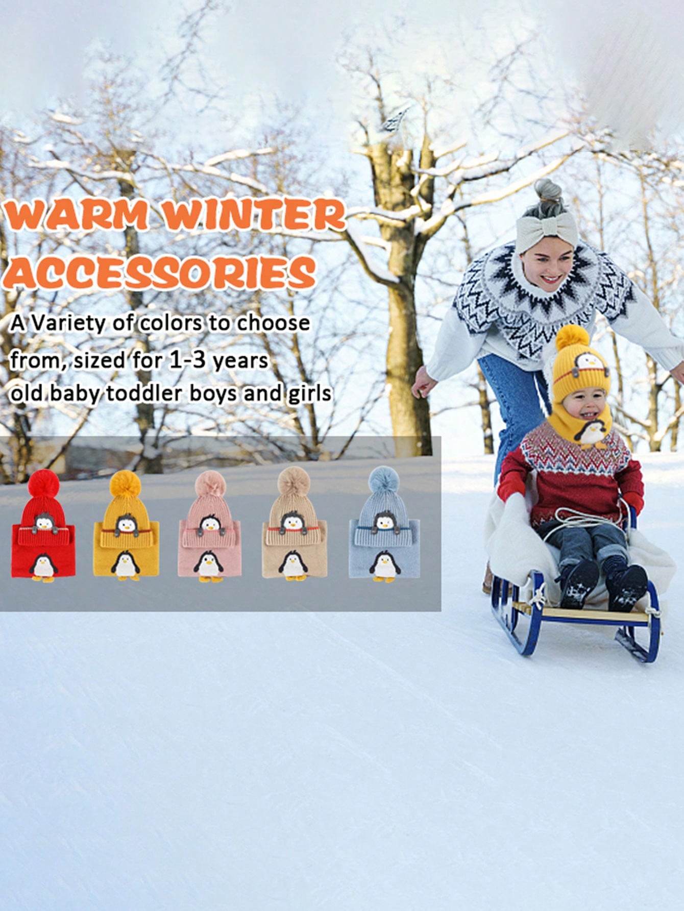 2pcs/Set Kids Knitted Hat & Scarf Set, Penguin Pom Pom Beanie Hat, Warm & Thick For Boys And Girls, Autumn/Winter