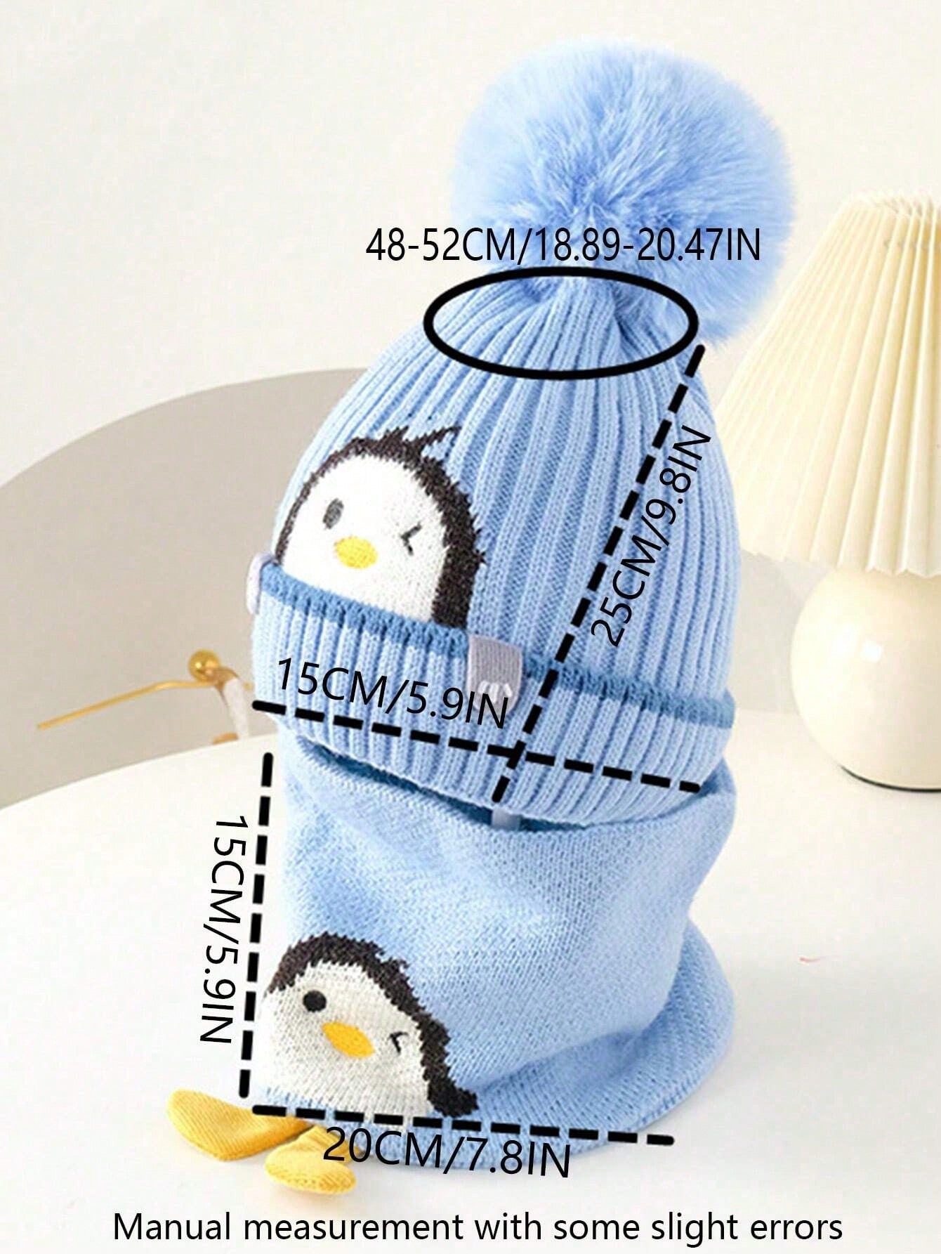 2pcs/Set Kids Knitted Hat & Scarf Set, Penguin Pom Pom Beanie Hat, Warm & Thick For Boys And Girls, Autumn/Winter