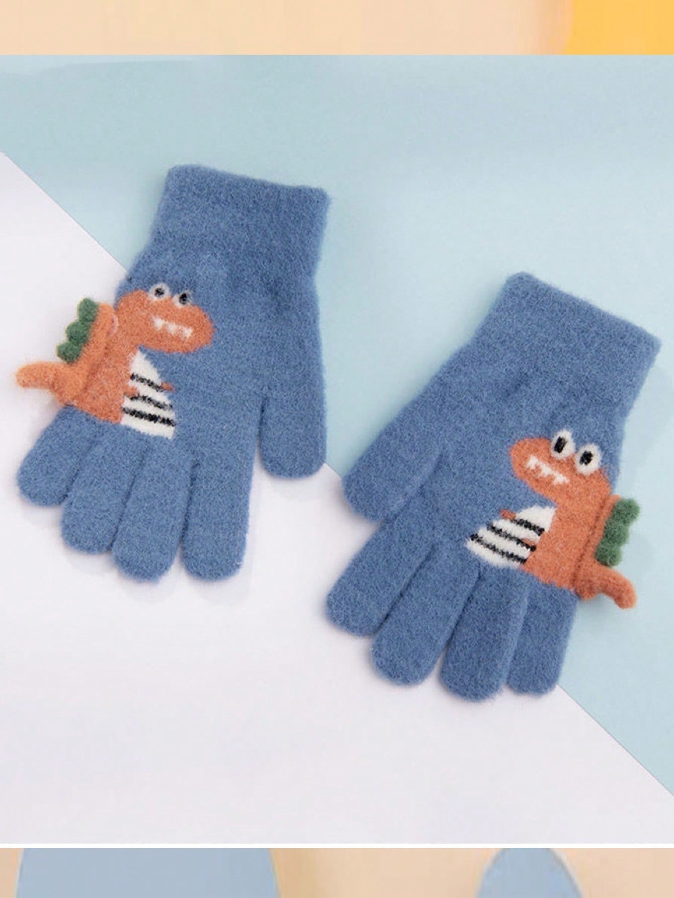 1pair 5-12 Years Kids Winter Warm Knit Thick Cartoon Dinosaur Pattern 5-Finger Gloves For Boys & Girls