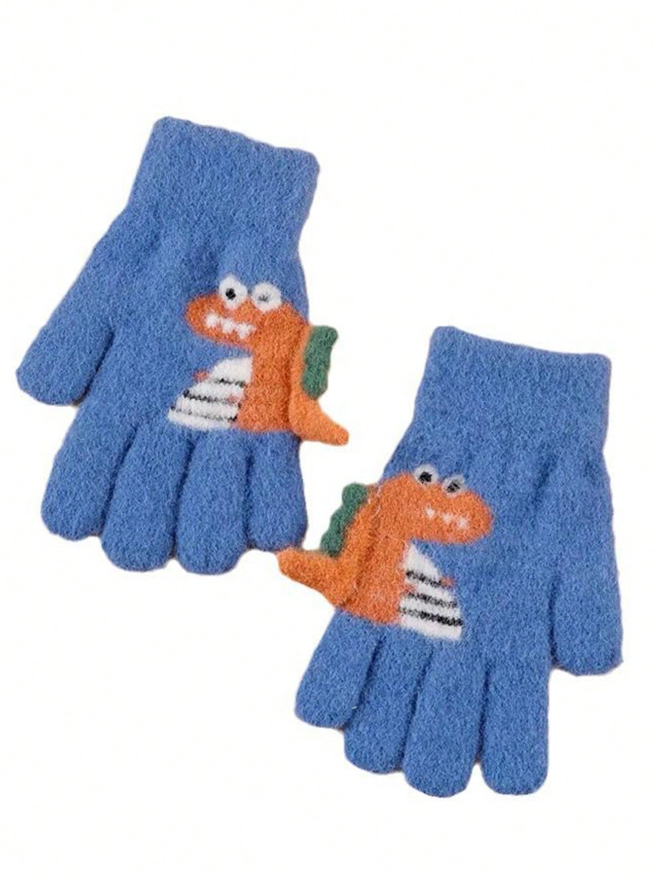 1pair 5-12 Years Kids Winter Warm Knit Thick Cartoon Dinosaur Pattern 5-Finger Gloves For Boys & Girls