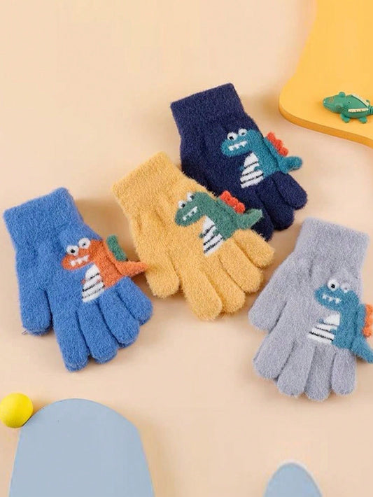 1pair 5-12 Years Kids Winter Warm Knit Thick Cartoon Dinosaur Pattern 5-Finger Gloves For Boys & Girls