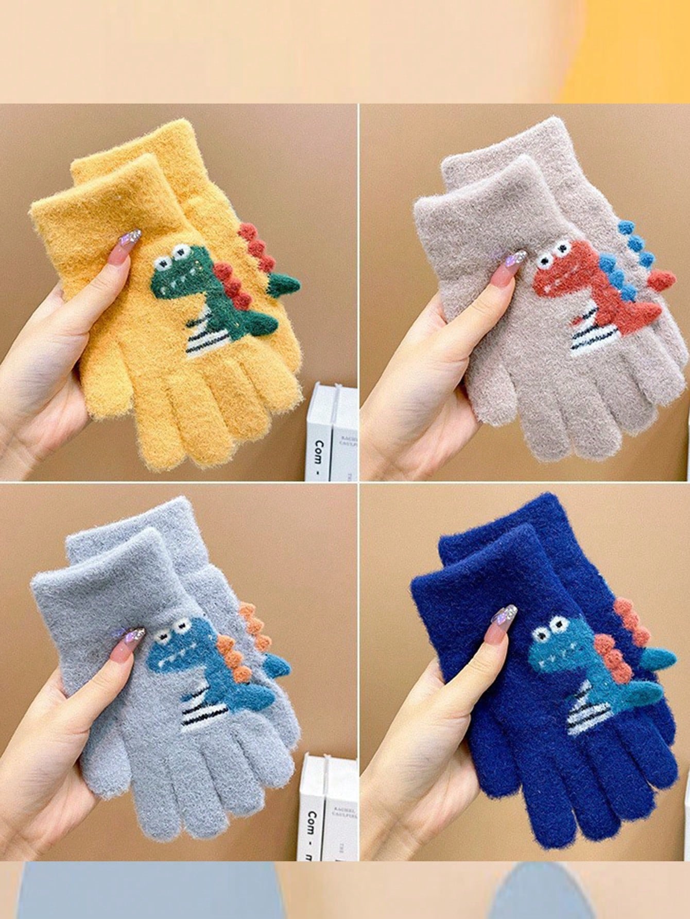 1pair 5-12 Years Kids Winter Warm Knit Thick Cartoon Dinosaur Pattern 5-Finger Gloves For Boys & Girls