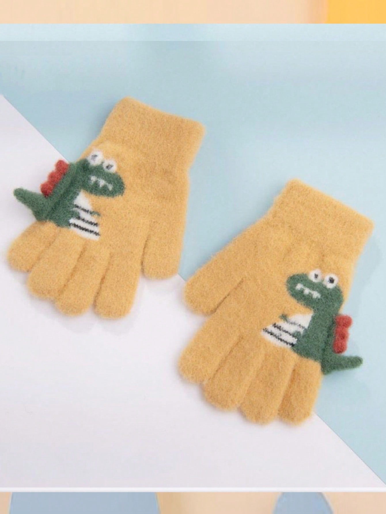 1pair 5-12 Years Kids Winter Warm Knit Thick Cartoon Dinosaur Pattern 5-Finger Gloves For Boys & Girls