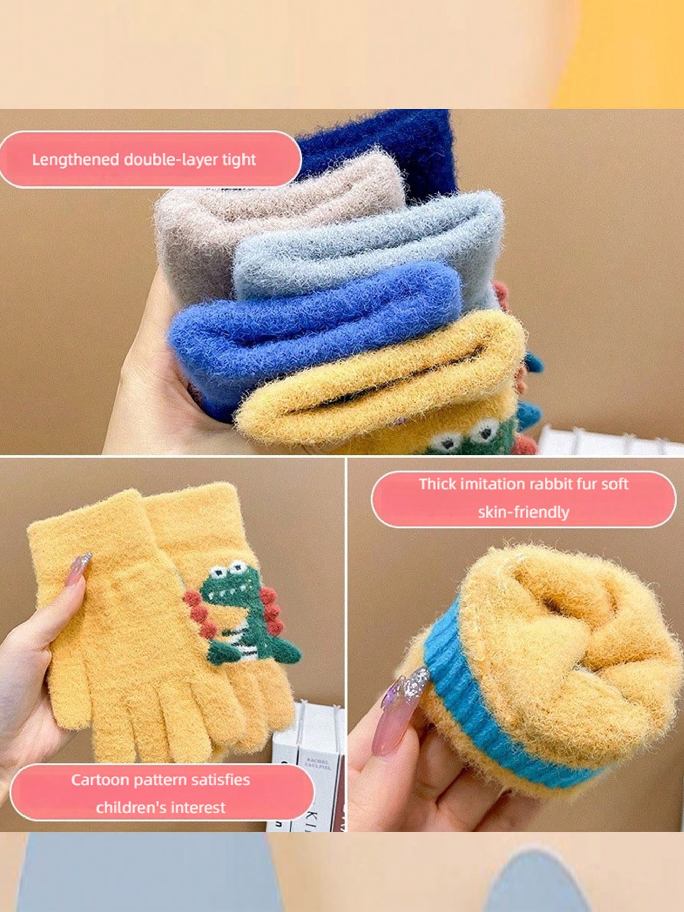 1pair 5-12 Years Kids Winter Warm Knit Thick Cartoon Dinosaur Pattern 5-Finger Gloves For Boys & Girls