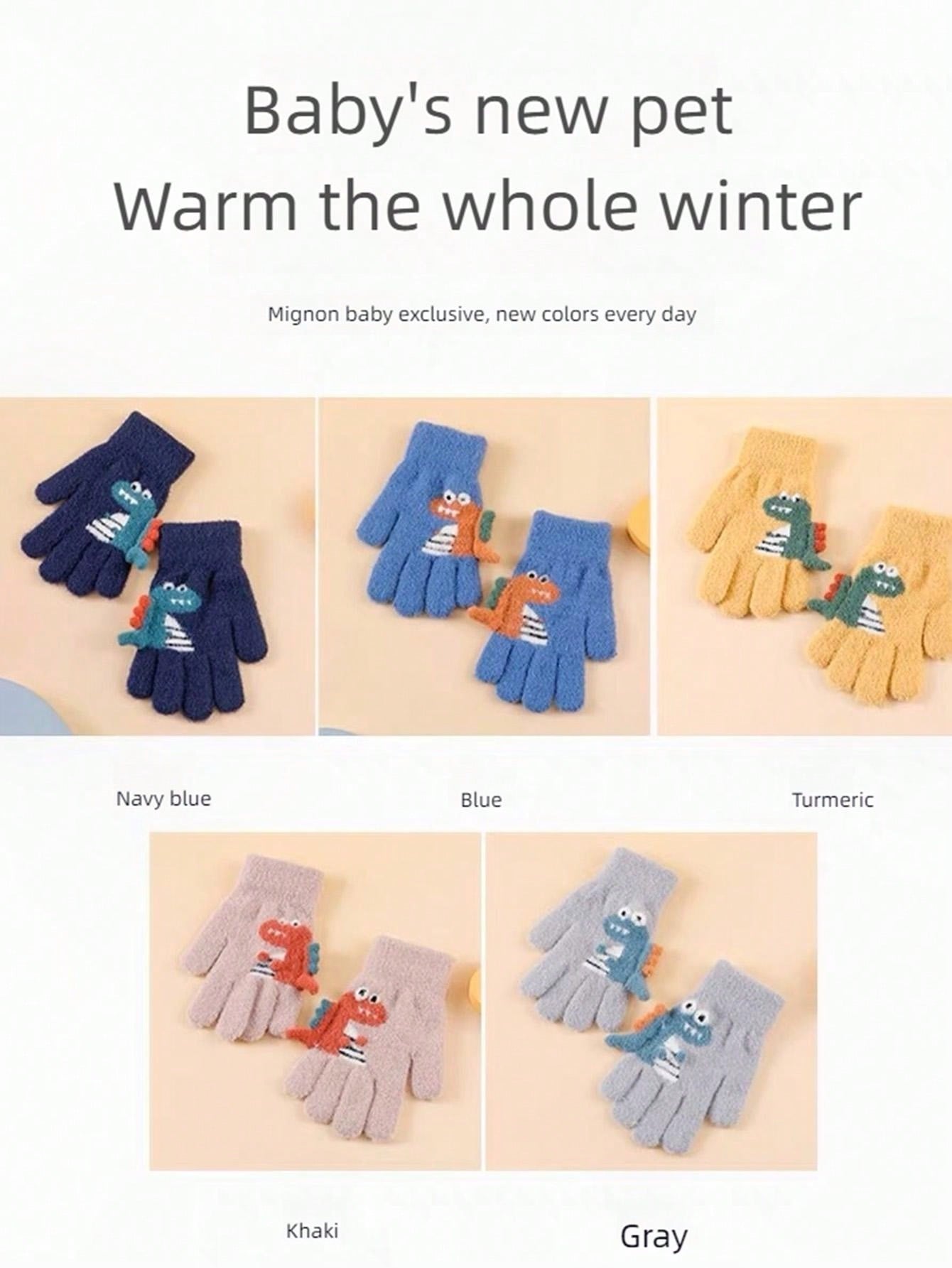 1pair 5-12 Years Kids Winter Warm Knit Thick Cartoon Dinosaur Pattern 5-Finger Gloves For Boys & Girls
