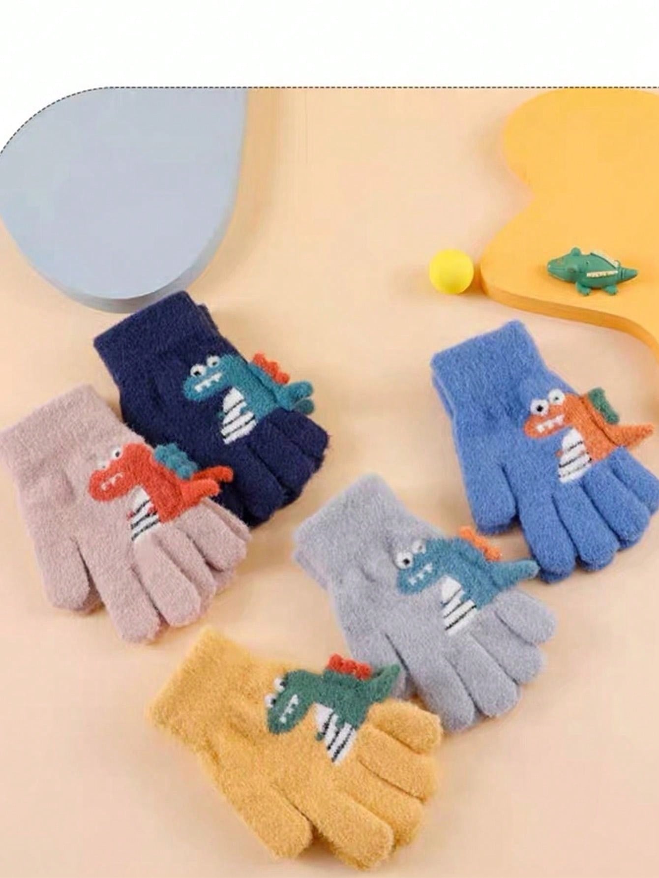 1pair 5-12 Years Kids Winter Warm Knit Thick Cartoon Dinosaur Pattern 5-Finger Gloves For Boys & Girls
